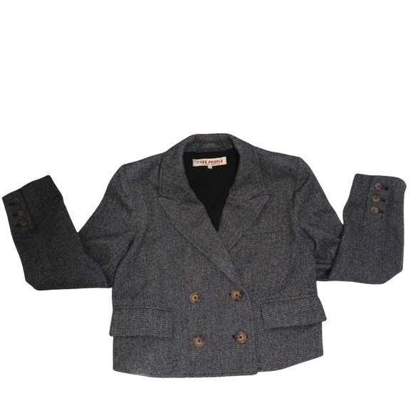 Free People Cropped Wool Blend Double Breasted Heritage Blazer Blue Jacket Small - Picture 1 of 5